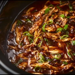 Crock Pot Bourbon Chicken served with rice and vegetables in a bowl