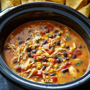 Crockpot chicken tortilla soup in a bowl garnished with tortilla strips and cilantro