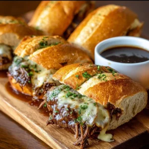 Crockpot French dip sandwiches served with au jus for dipping