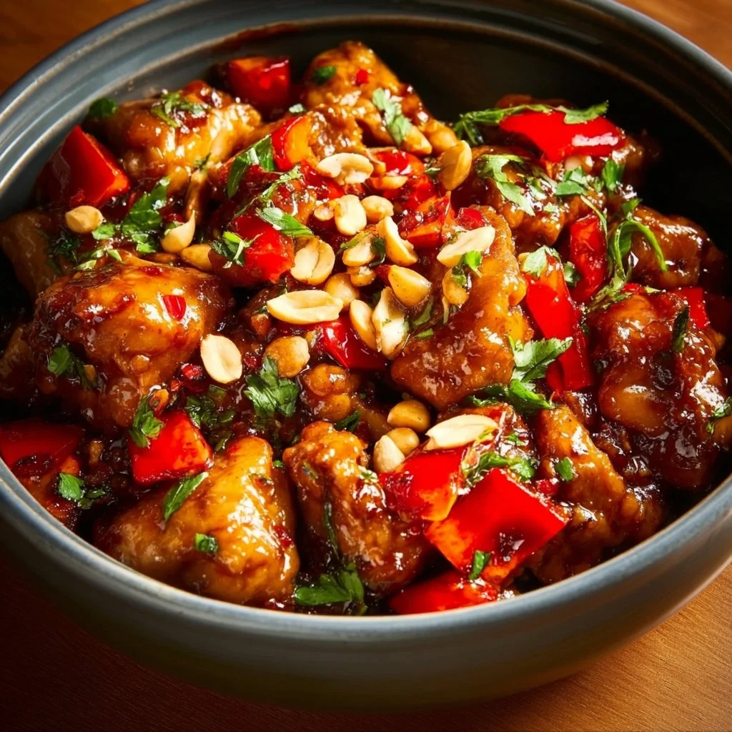 Crockpot Kung Pao Chicken served with rice and garnished with green onions