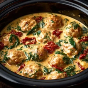 Crockpot Marry Me Chicken Meatballs served in a bowl with herbs and sauce