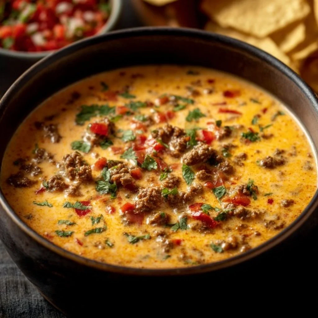 Delicious crockpot queso dip with melted cheese and spices in a serving bowl.