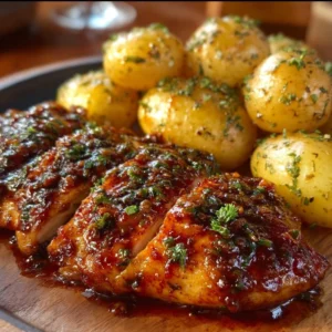 Crunchy Honey BBQ Chicken served with creamy garlic parmesan potatoes on a plate