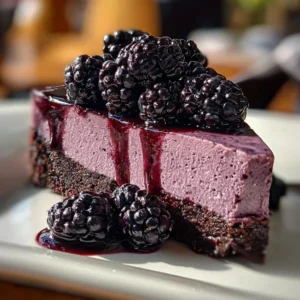 Delicious dark chocolate blackberry cheesecake slice topped with fresh blackberries