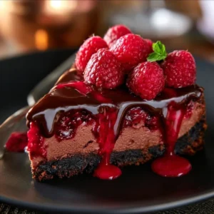Delicious dark chocolate raspberry cheesecake slice topped with fresh raspberries
