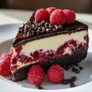 Slices of dark chocolate raspberry cheesecake topped with fresh raspberries and chocolate drizzle