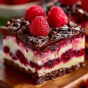 Delicious dark chocolate raspberry pie bars with rich chocolate and fresh raspberries.
