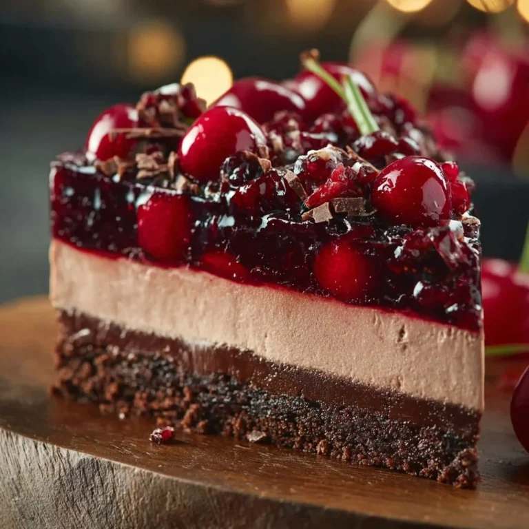 Decadent Black Forest Cheesecake with cherries and chocolate layers