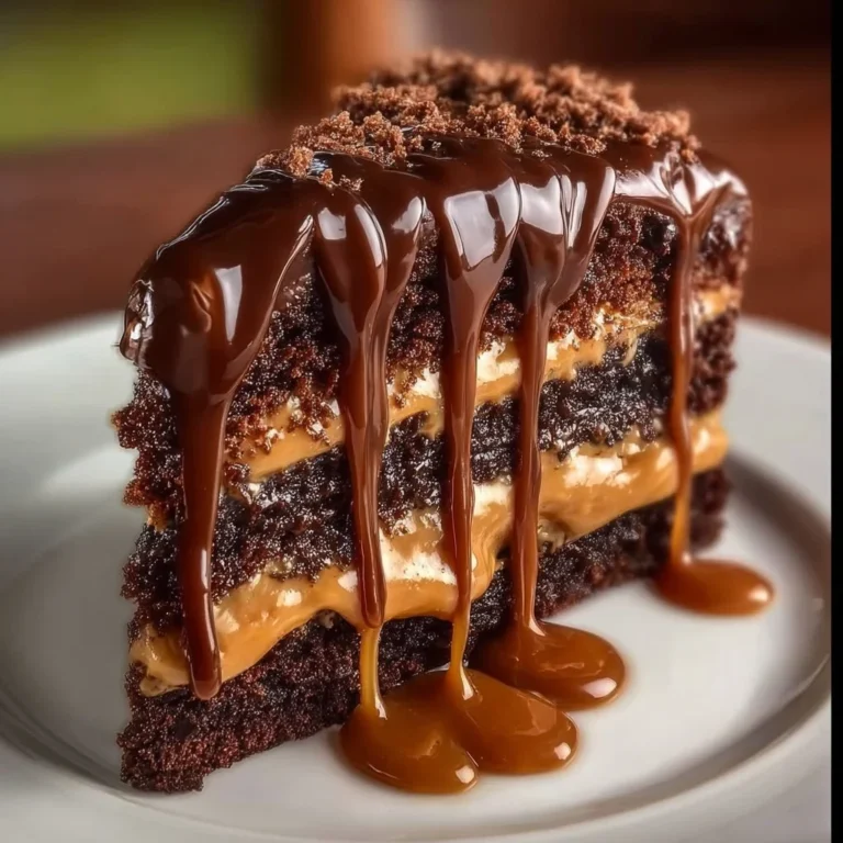 Decadent caramel chocolate cake with a rich chocolate frosting and caramel drizzle