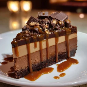 Decadent caramel chocolate cheesecake with coffee drizzles and toppings