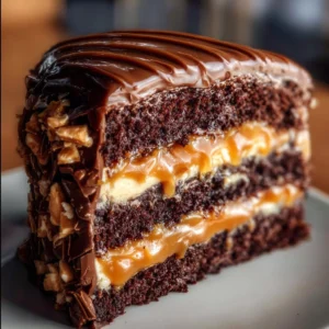 Decadent chocolate fudge layer cake topped with caramel drizzle