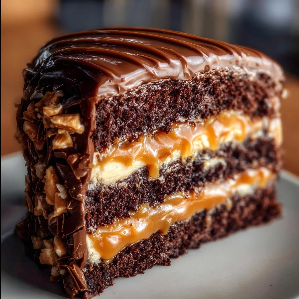 Decadent Chocolate Fudge Layer Cake with Caramel Drizzle
