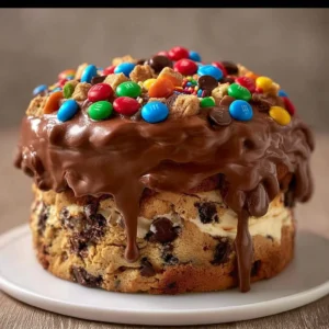 Decadent Chocolate Ice Cream Cake with M&M's and chocolate chip cookie dough