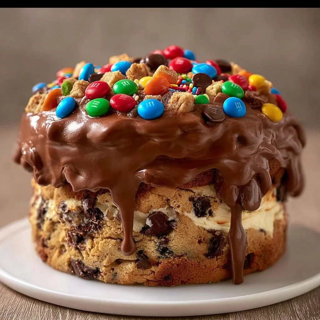 Decadent Chocolate Ice Cream Cake with M&M's and chocolate chip cookie dough