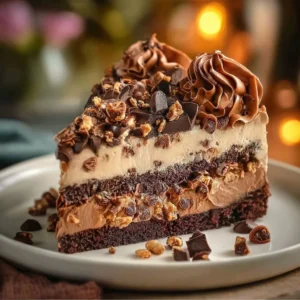 Delicious no-bake German Chocolate Cheesecake topped with coconut and nuts