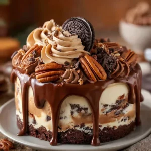 Decadent No-Bake German Chocolate Cheesecake topped with chocolate and coconut