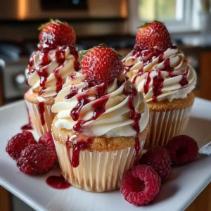 Decadent strawberry cheesecake cupcakes topped with fresh strawberries