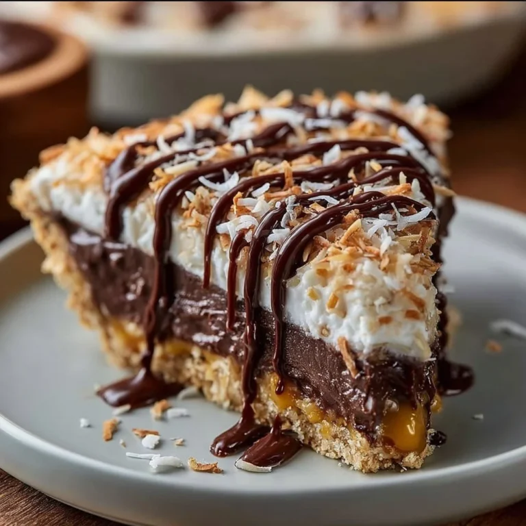 Decadent triple-layer chocolate coconut pie with creamy layers and a tempting garnish.