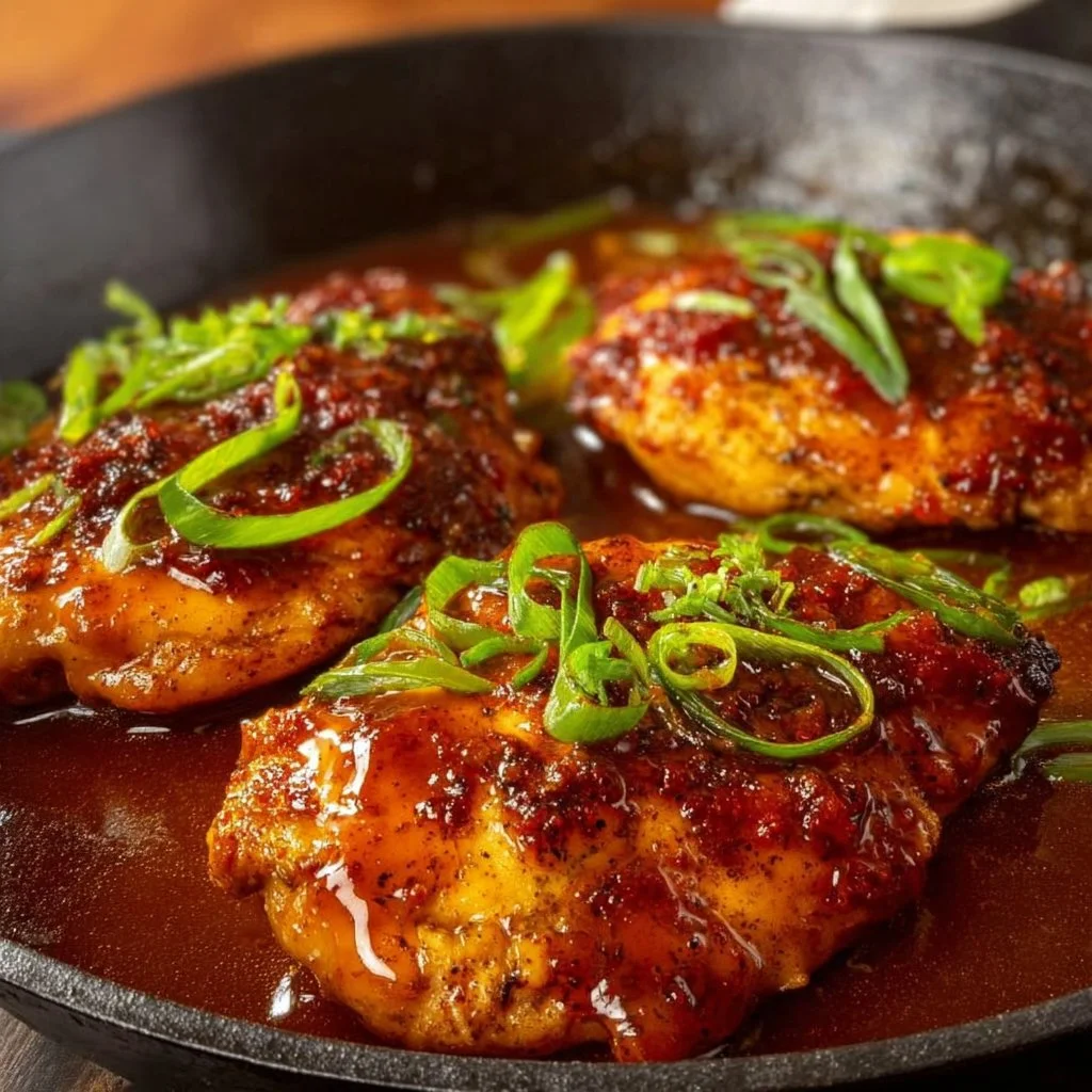 Plate of spicy Devil's Chicken garnished with herbs
