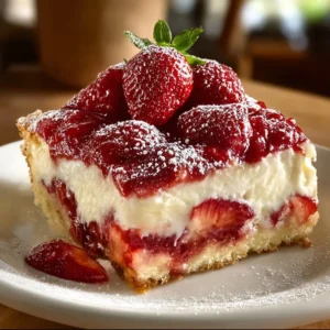 Delicious Donna Wood Strawberry Cheesecake Dump Cake with fresh strawberries