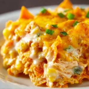Baked Doritos Casserole with Chicken topped with cheese