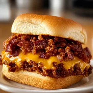 Double Bacon Bourbon Cheeseburger Sloppy Joe Melt with melted cheese and toppings