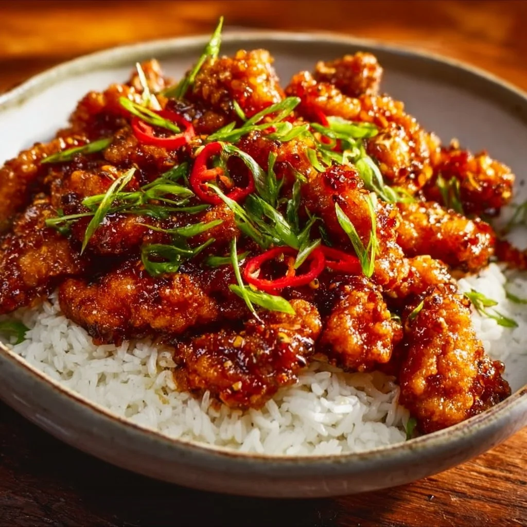 Plate of deliciously spicy Dragon Chicken garnished with herbs