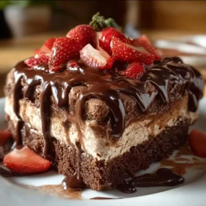 Slice of Earthquake Cake with chocolate, nuts, and cream cheese frosting