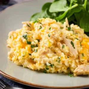 Easy chicken rice casserole dish in a baking pan