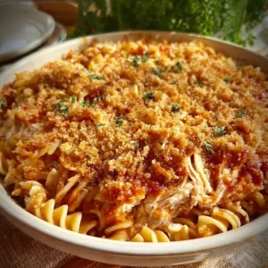 Easy chicken parmesan casserole with pasta served on a plate