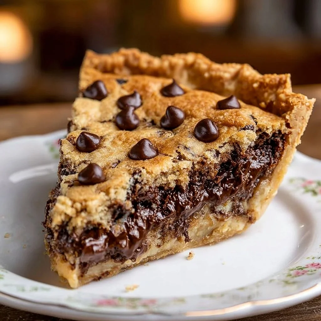 Delicious slice of easy chocolate chip cookie pie on a plate
