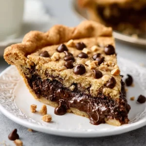 Delicious Easy Chocolate Chip Cookie Pie fresh out of the oven, served on a plate.