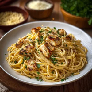 Plate of cowboy butter chicken linguine served with herbs and parmesan.