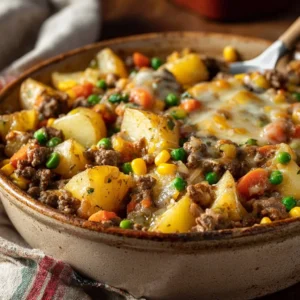 Delicious Easy Ground Beef Hobo Casserole served in a baking dish