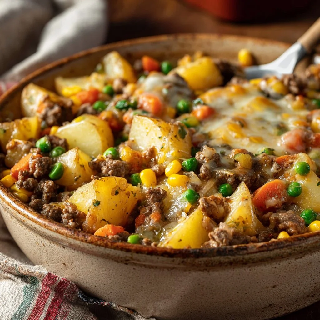 Delicious Easy Ground Beef Hobo Casserole served in a baking dish