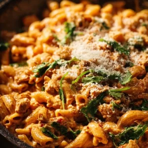 Easy ground chicken pasta dish served in a bowl with fresh herbs