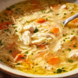 Bowl of Easy Lemon Chicken Orzo Soup garnished with lemon and herbs