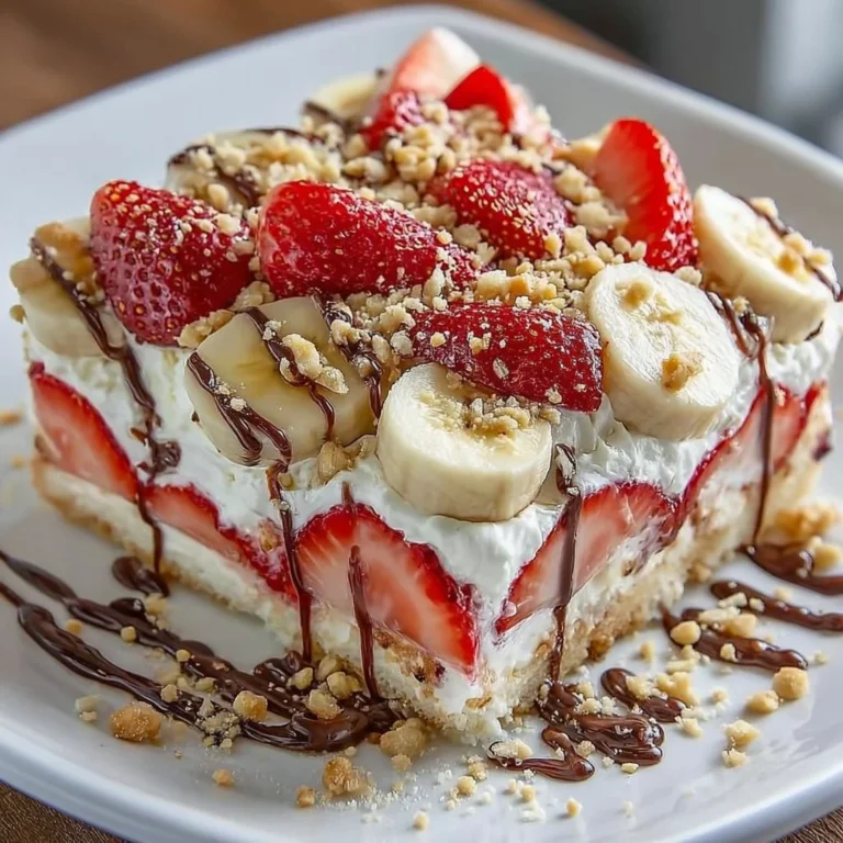 No-bake banana split cake topped with bananas and whipped cream
