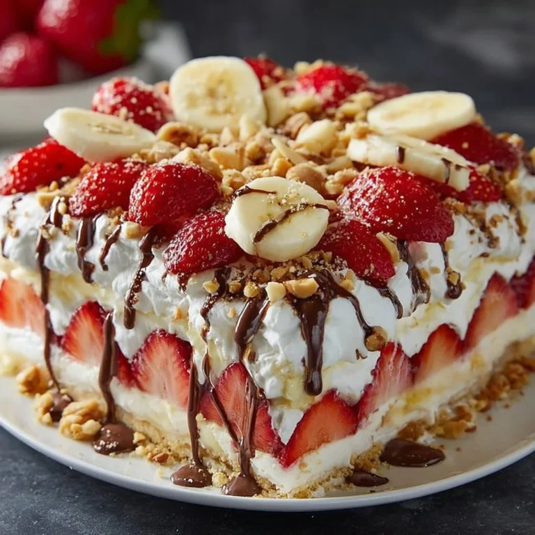 Easy no-bake banana split cake with layers of fruit and whipped cream.