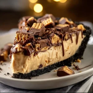 Delicious easy peanut butter pie topped with whipped cream and chocolate drizzle.