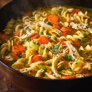 Bowl of easy rotisserie chicken noodle soup with veggies and noodles