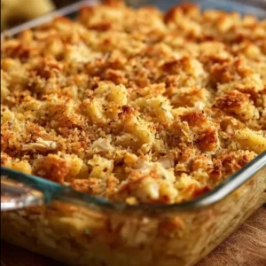 Easy rotisserie chicken stuffing casserole with herbs and seasonings