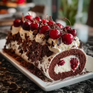 Elegant Black Forest Roll Cake with cherries and cream on a decorative plate