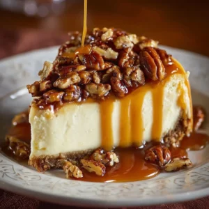 Elegant caramel pecan cheesecake topped with pecans and drizzled with caramel sauce.