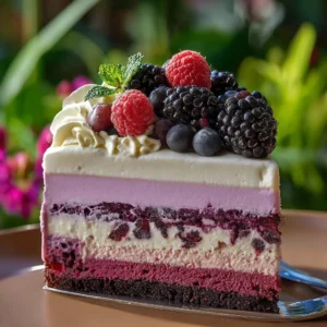 Elegant white chocolate blackberry mousse cheesecake topped with fresh blackberries.