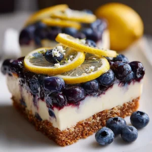 Elegant white chocolate blueberry swirl cheesecake topped with fresh blueberries.