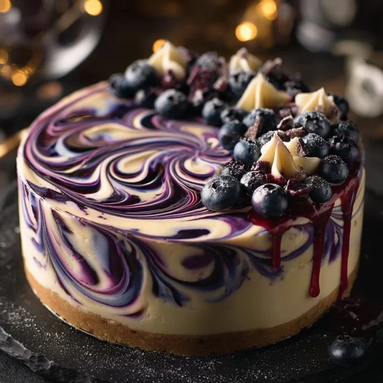 Elegant white chocolate blueberry swirl cheesecake on a dessert plate