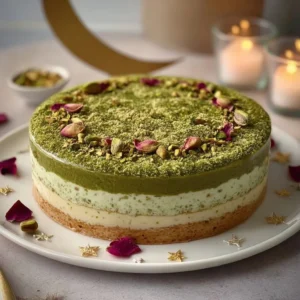 No-bake pistachio delight dessert topped with crushed pistachios