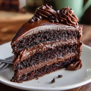 Slice of Extreme Fudge Bliss Cake showcasing rich chocolate layers and fudge icing.