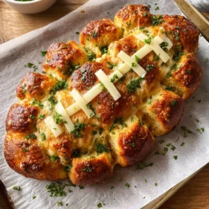 Football shaped cheesy stuffed garlic pull apart bread, perfect for snacks